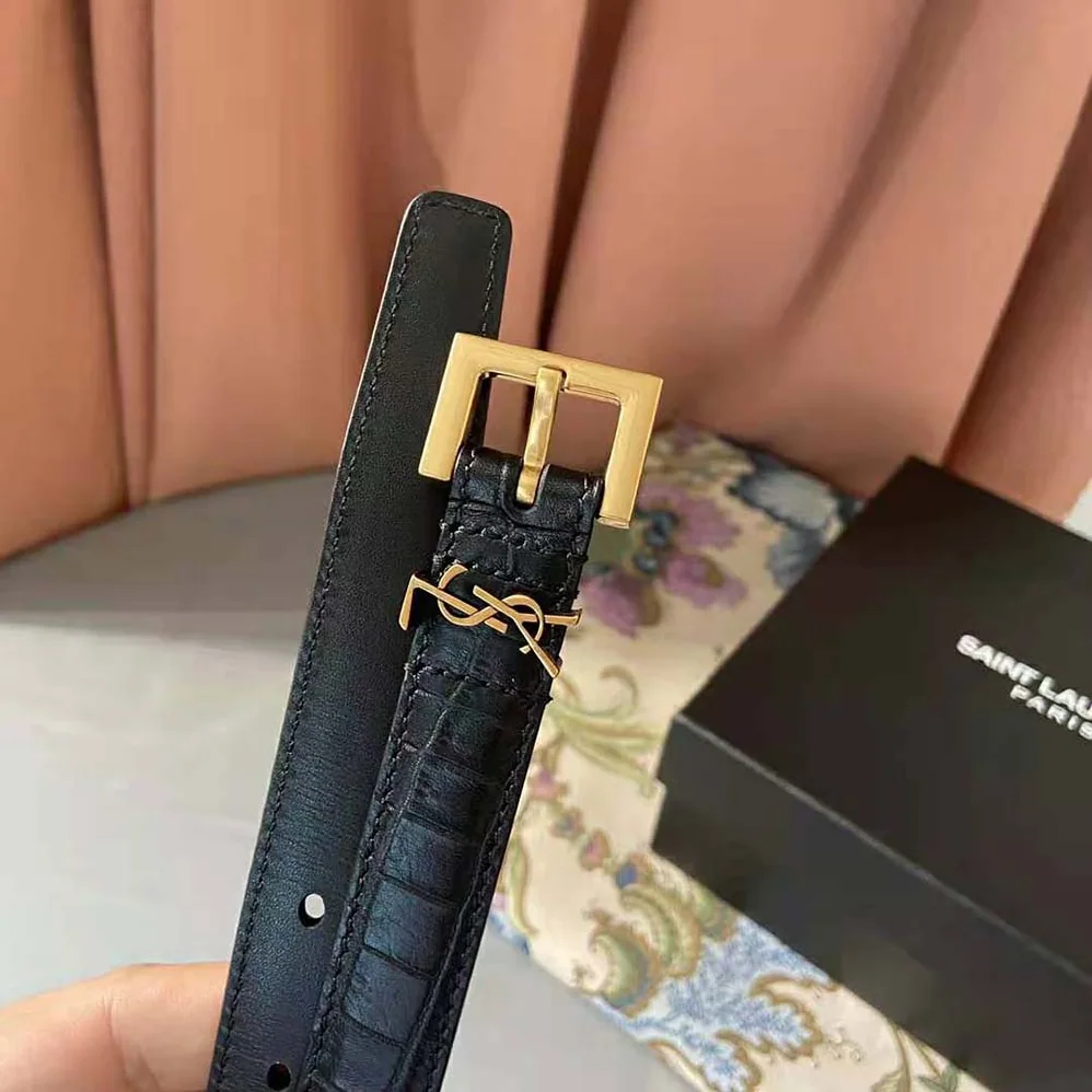 Saint Laurent YSL Monogram Narrow Belt with Square Buckle in Crocodile Embossed Leather for Women