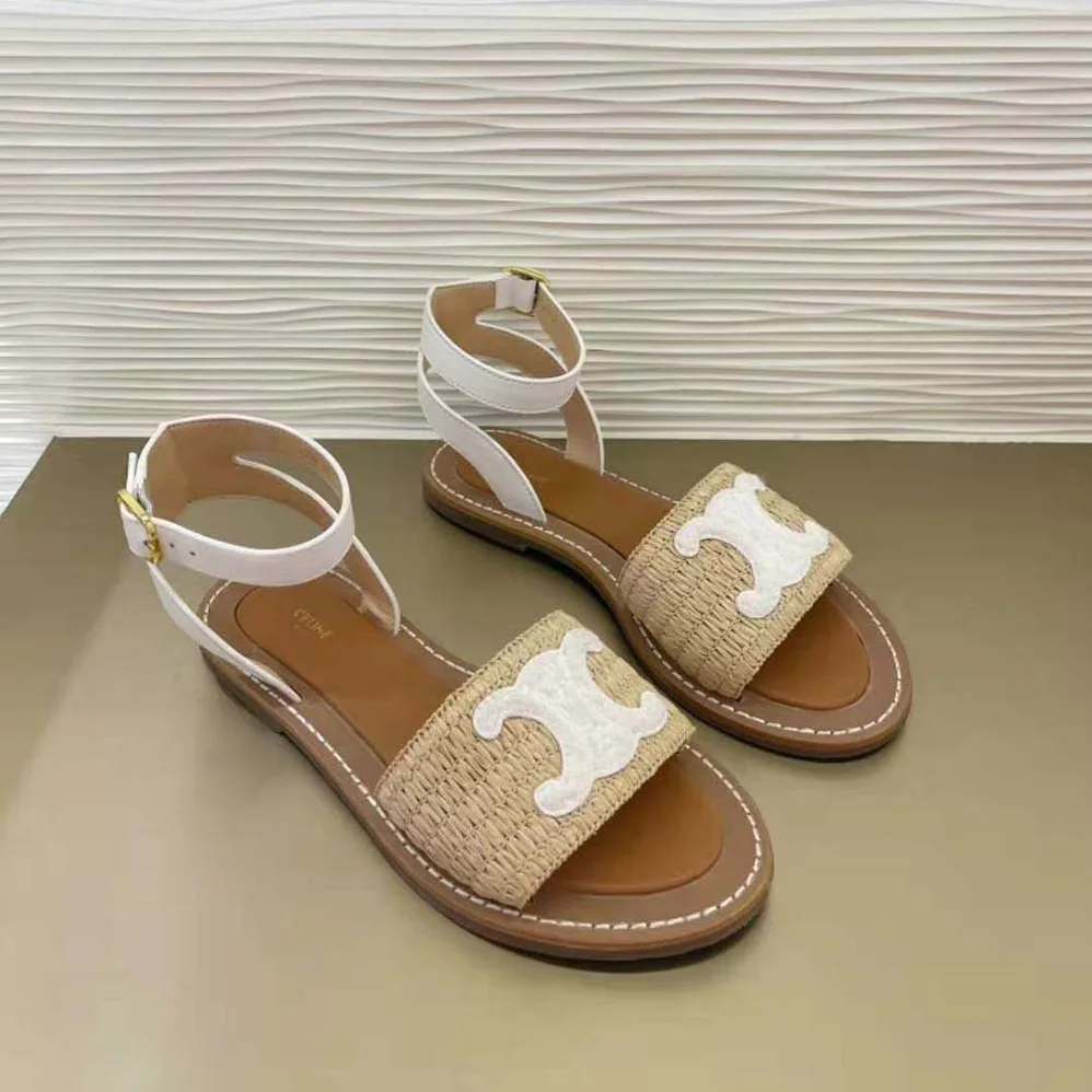 Celine Lympia Flat Strap Sandal in Raffia & Calfskin for Women in White Celine Lympia Flat Strap Sandal in Raffia & Calfskin for Women in White