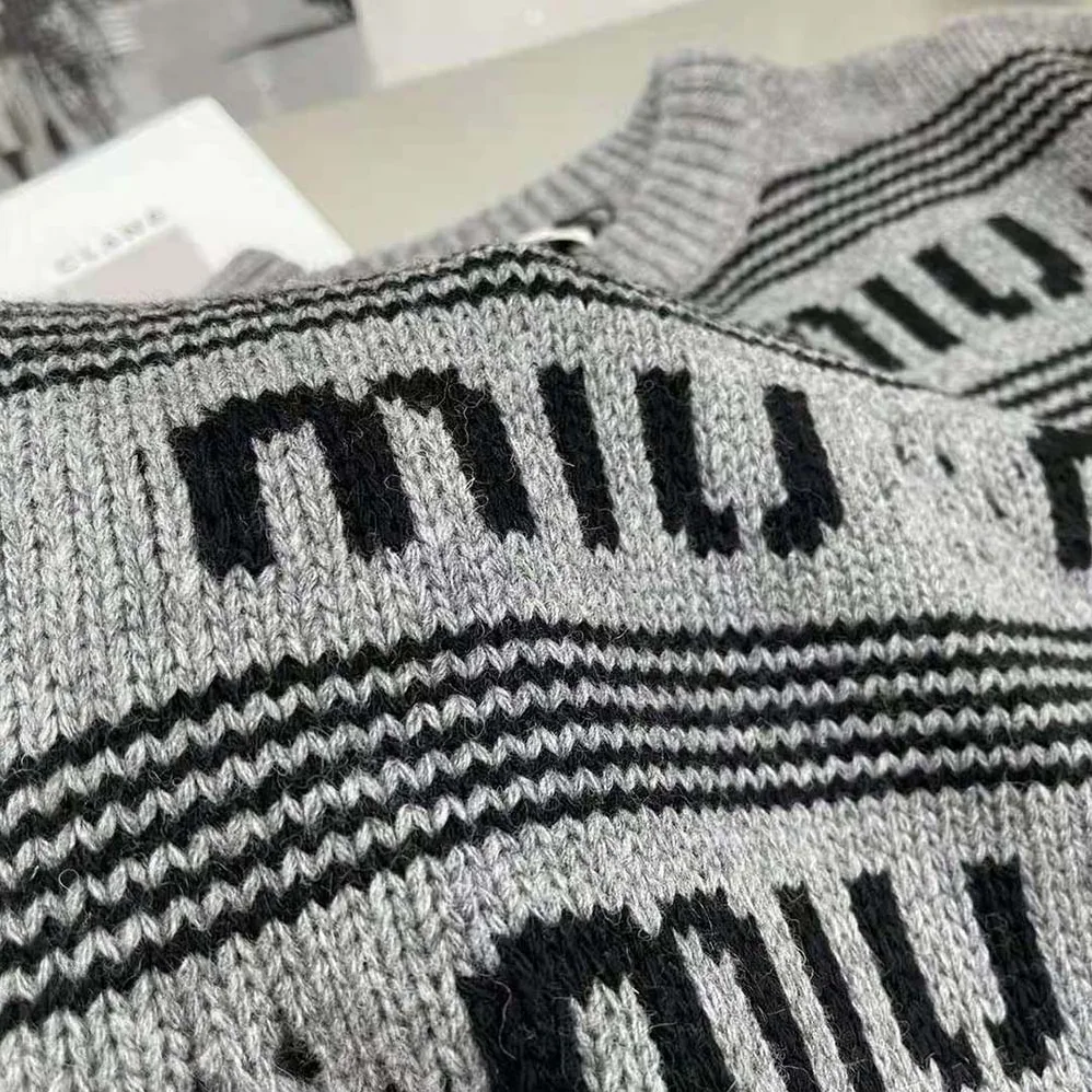 Miu Miu Cashmere Crew-Neck Sweater with Intarsia Knit Logo for Women in Gray