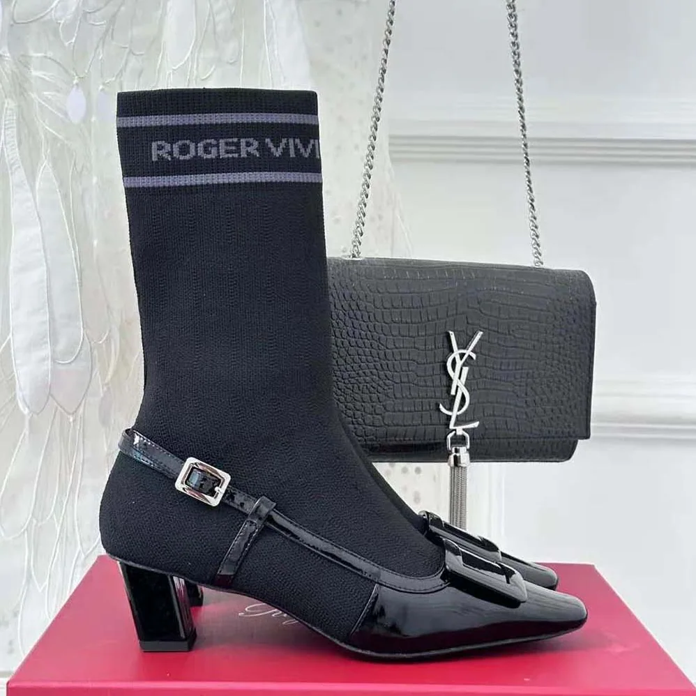 Roger Vivier Belle Vivier Sock Lacquered Buckle Ankle Boots in Patent Leather for Women in Black Roger Vivier Belle Vivier Sock Lacquered Buckle Ankle Boots in Patent Leather for Women in Black