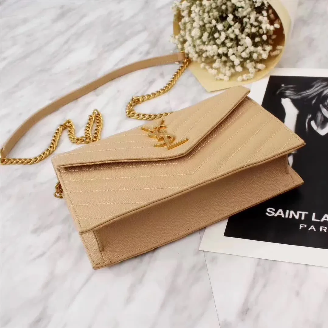 Saint Laurent YSL Medium Monogram Envelope Chain Wallet Gold Hardware in Sandy Saint Laurent YSL Medium Monogram Envelope Chain Wallet Gold Hardware in Sandy
