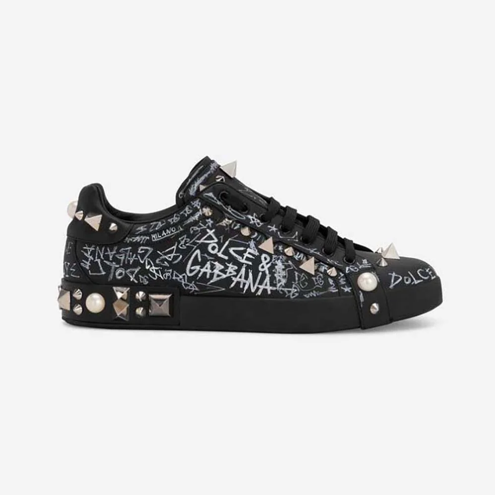Dolce Gabbana D&G Calfskin Nappa Portofino Sneakers with Studs for Unisex in Black