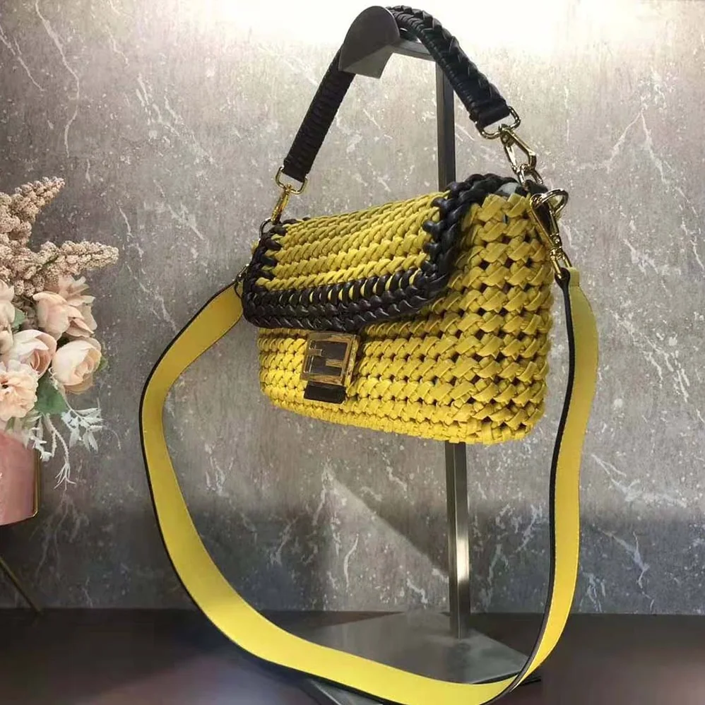 Fendi Lconic Medium Baguette Leather Interlace Bag for Women in Yellow