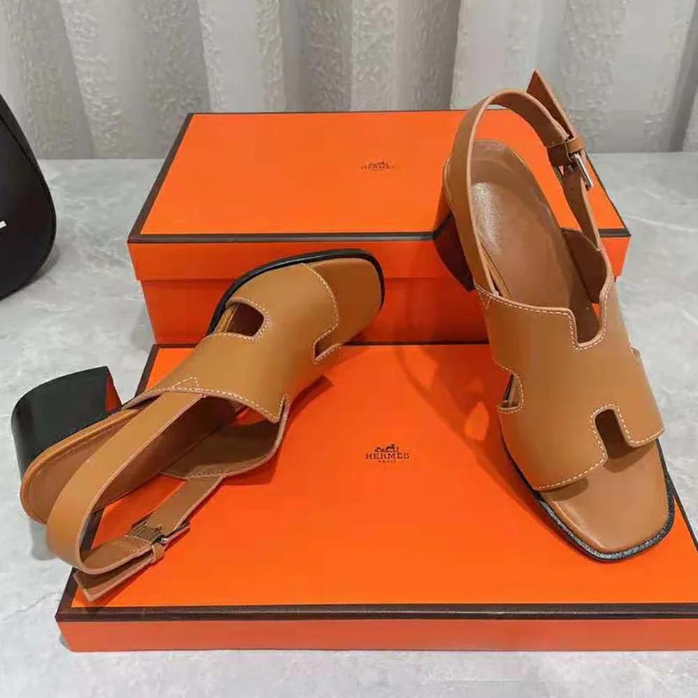 Hermes Elbe 60 Sandal in Calfskin with H Cut-Out Detail for Women in Brown Hermes Elbe 60 Sandal in Calfskin with H Cut-Out Detail for Women in Brown