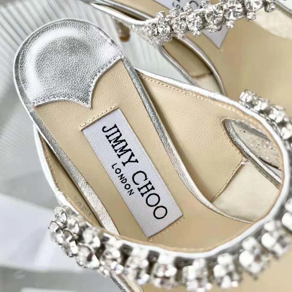 Jimmy Choo BING 100 Silver Glitter Tulle Mules with Crystal Strap for Women