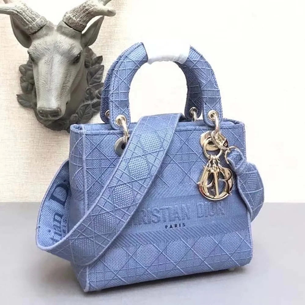 Dior Medium Lady D-Lite Bag Denim Blue Cannage Embroidery for Women Dior Medium Lady D-Lite Bag Denim Blue Cannage Embroidery for Women