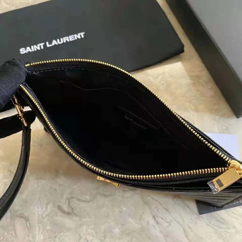Saint Laurent YSL Large Monogram Bill Pouch in Grain DE Poudre Embossed Leather for Women in Black