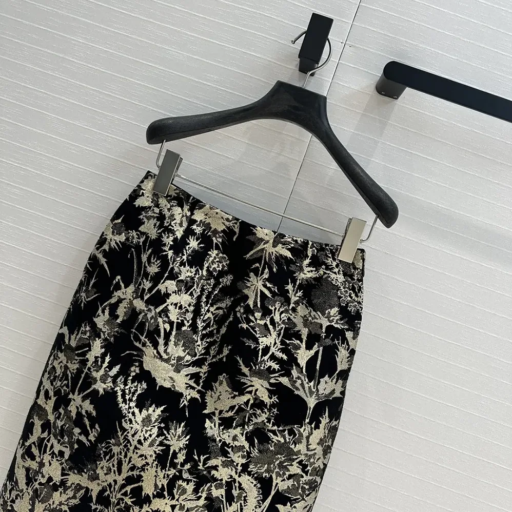Dior Mid-Length Straight Skirt Black Technical Fabric with Gold for Women in Tone Dior Chardons Motif