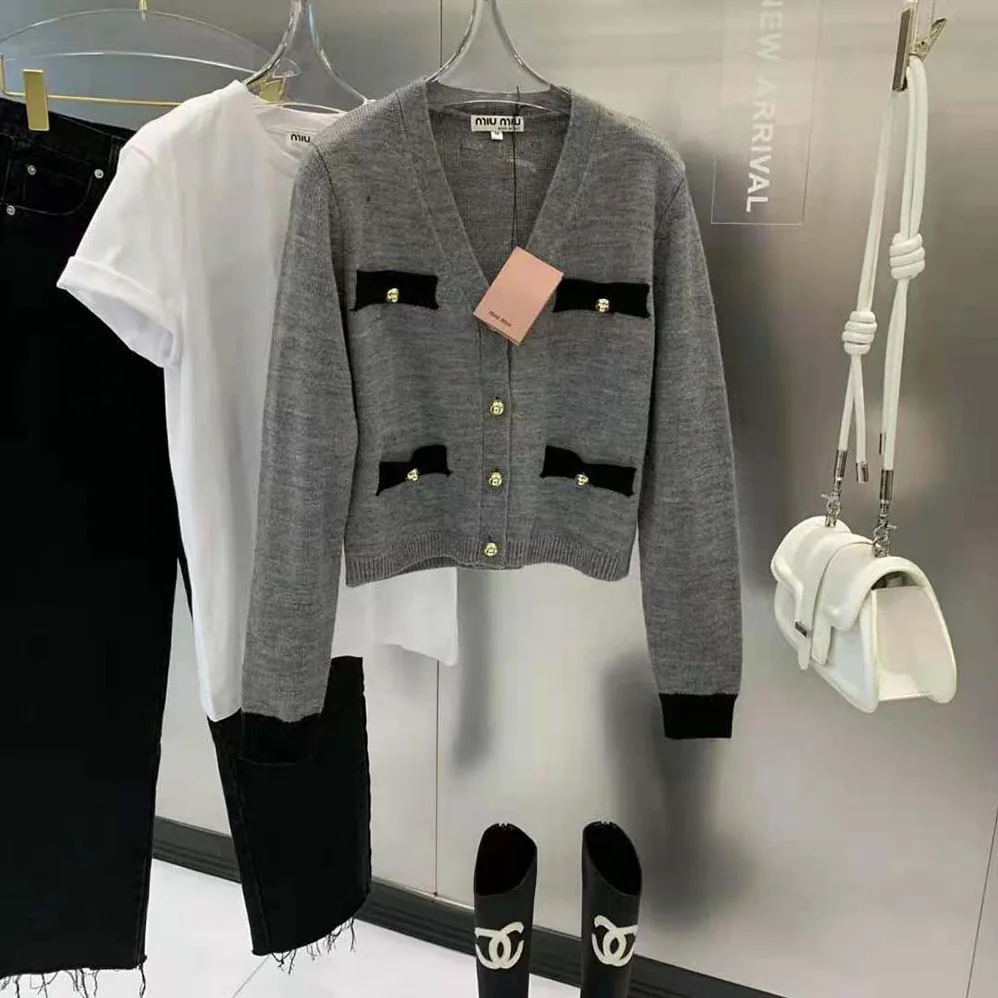 Miu Miu Cashmere Cardigan with Knit Logo Patch for Women in Gray