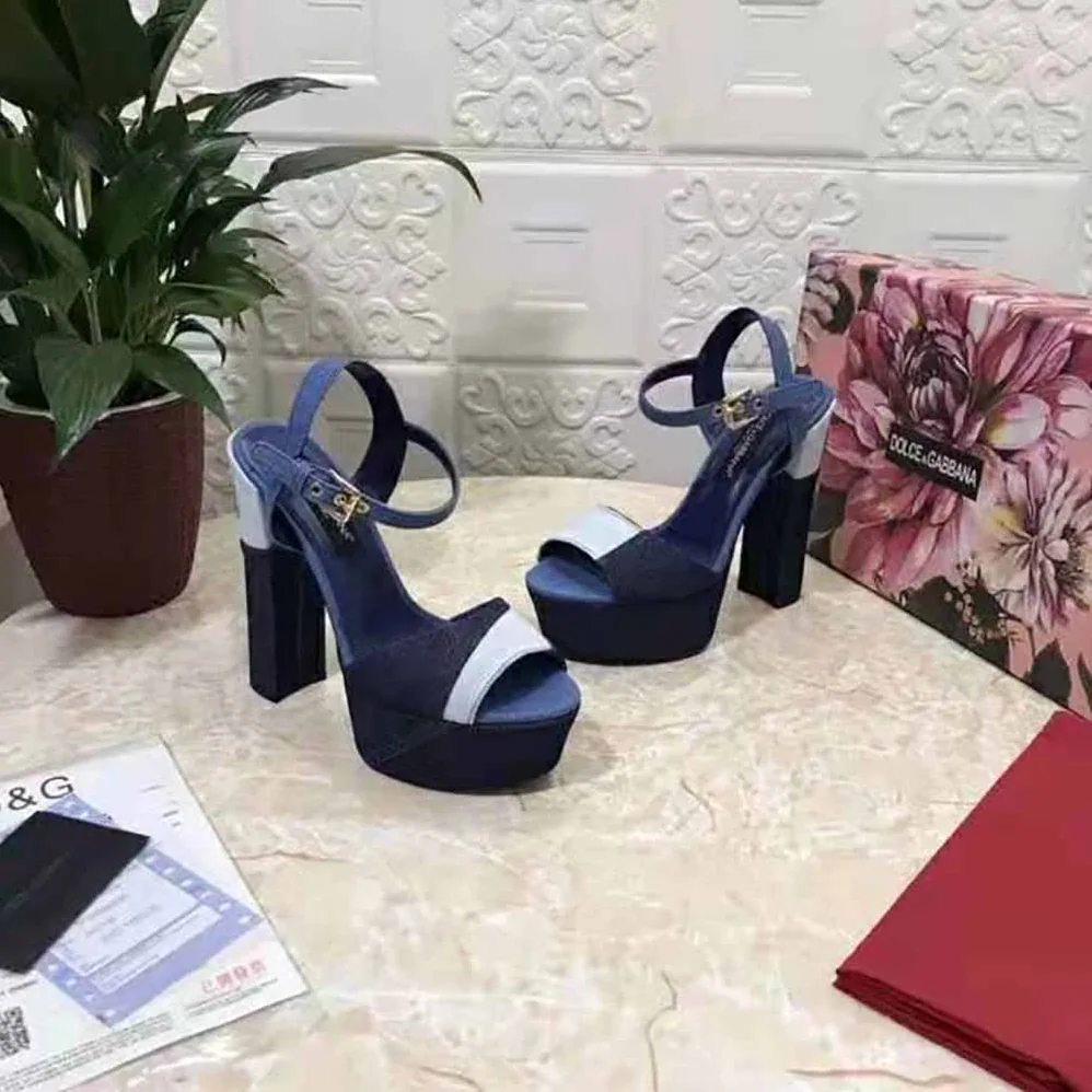Dolce Gabbana D&G Patchwork Denim Platform Sandals for Women in Navy