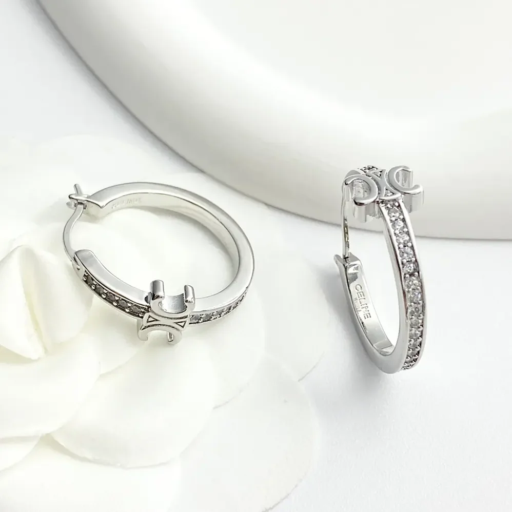 Celine Triomphe Sparkle Hoops in Strass and Brass with Rhodium Finish for Women Celine Triomphe Sparkle Hoops in Strass and Brass with Rhodium Finish for Women