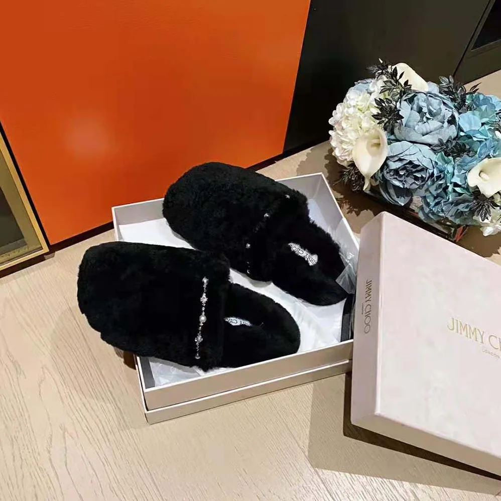 Jimmy Choo Aliette Flat Natural Shearling Slippers for Women in Black