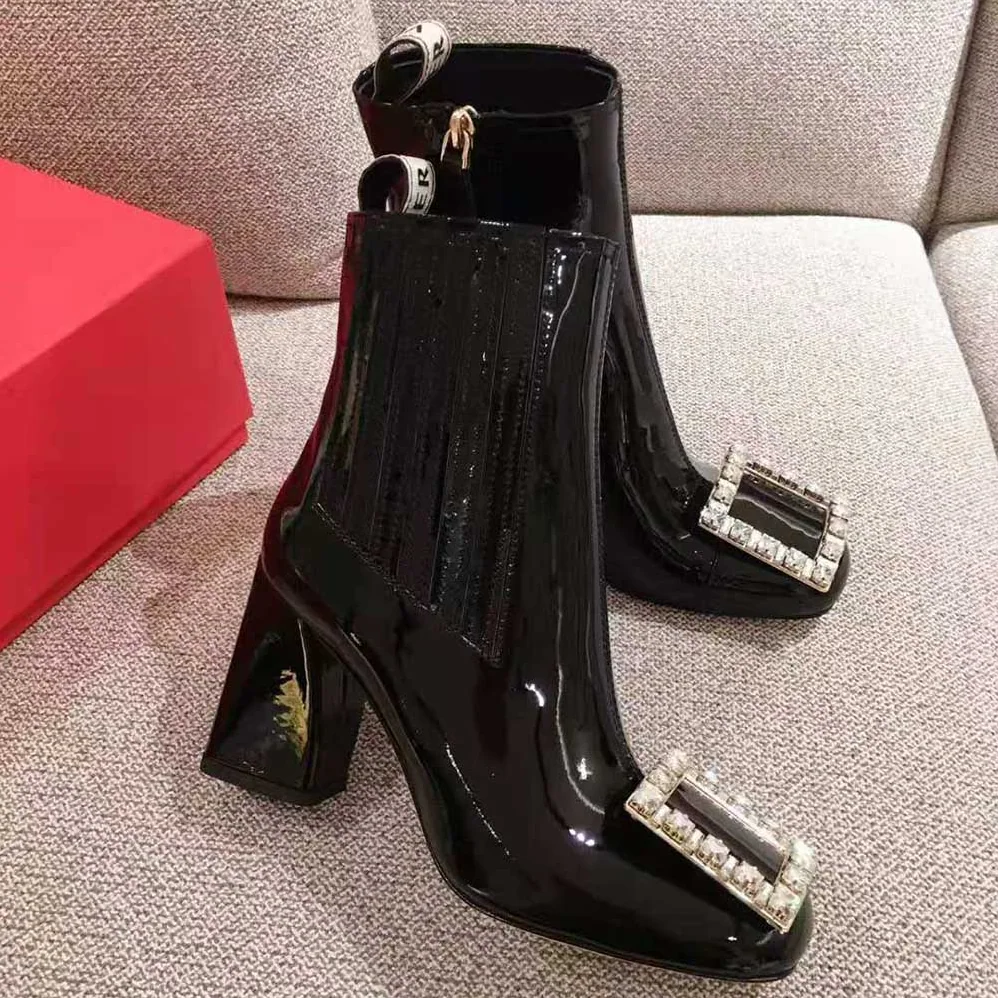 Roger Vivier Tres Vivier Strass Buckle Chelsea Booties in Patent Leather in 8.5cm Heel for Women