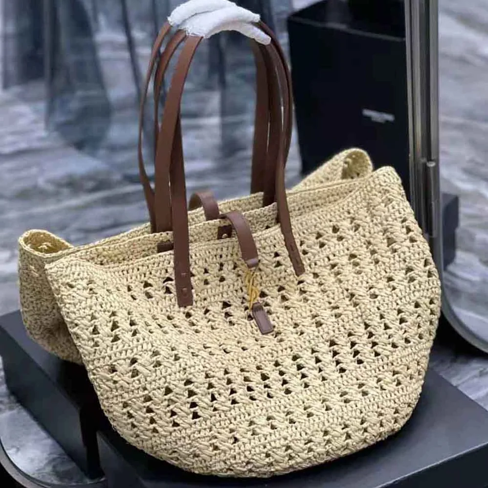 Saint Laurent YSL Panier Medium Bag in Crochet Raffia and Smooth Leather for Women