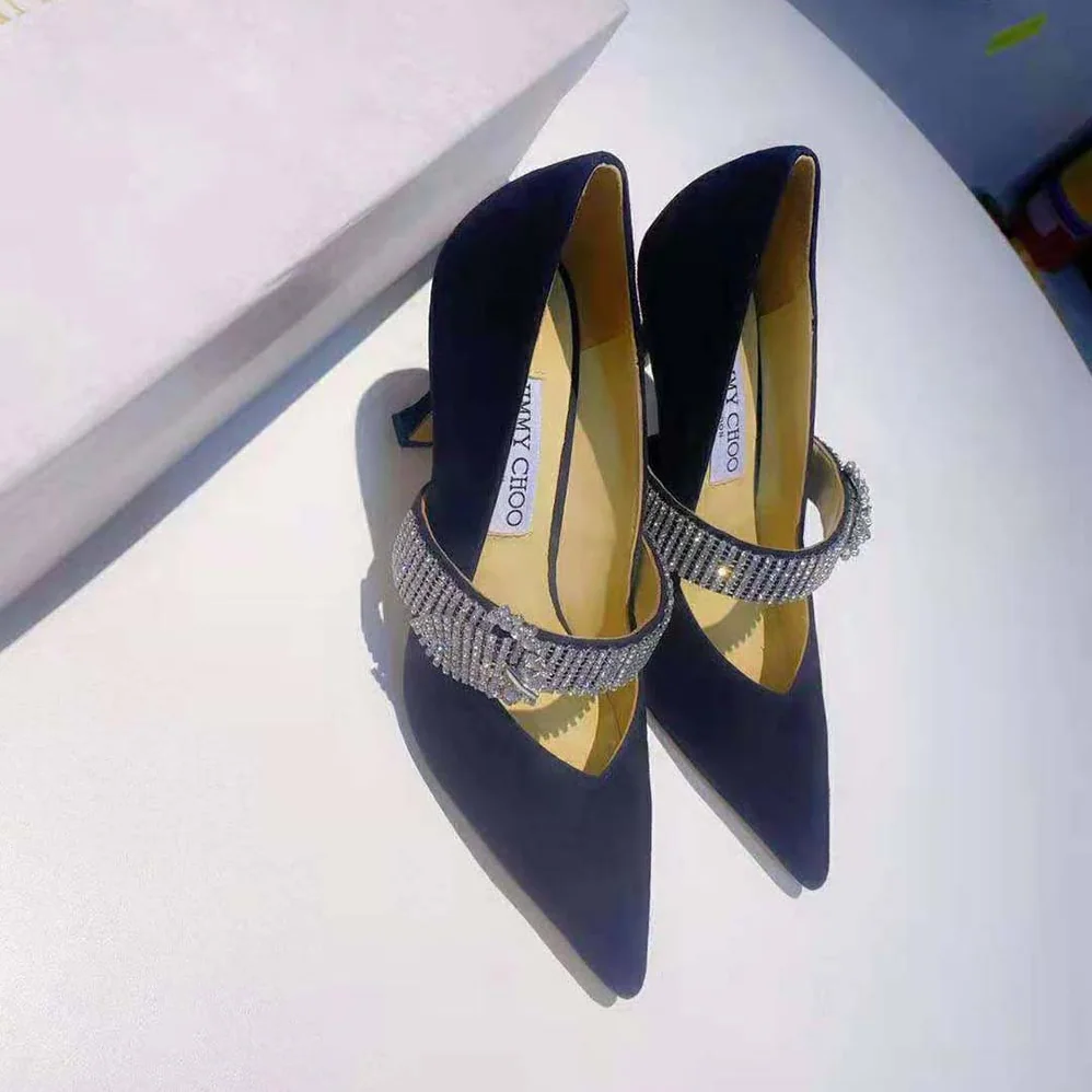 Jimmy Choo Kari 90 Black Suede Pumps with Crystal for Women in Embellished Strap Jimmy Choo Kari 90 Black Suede Pumps with Crystal for Women in Embellished Strap