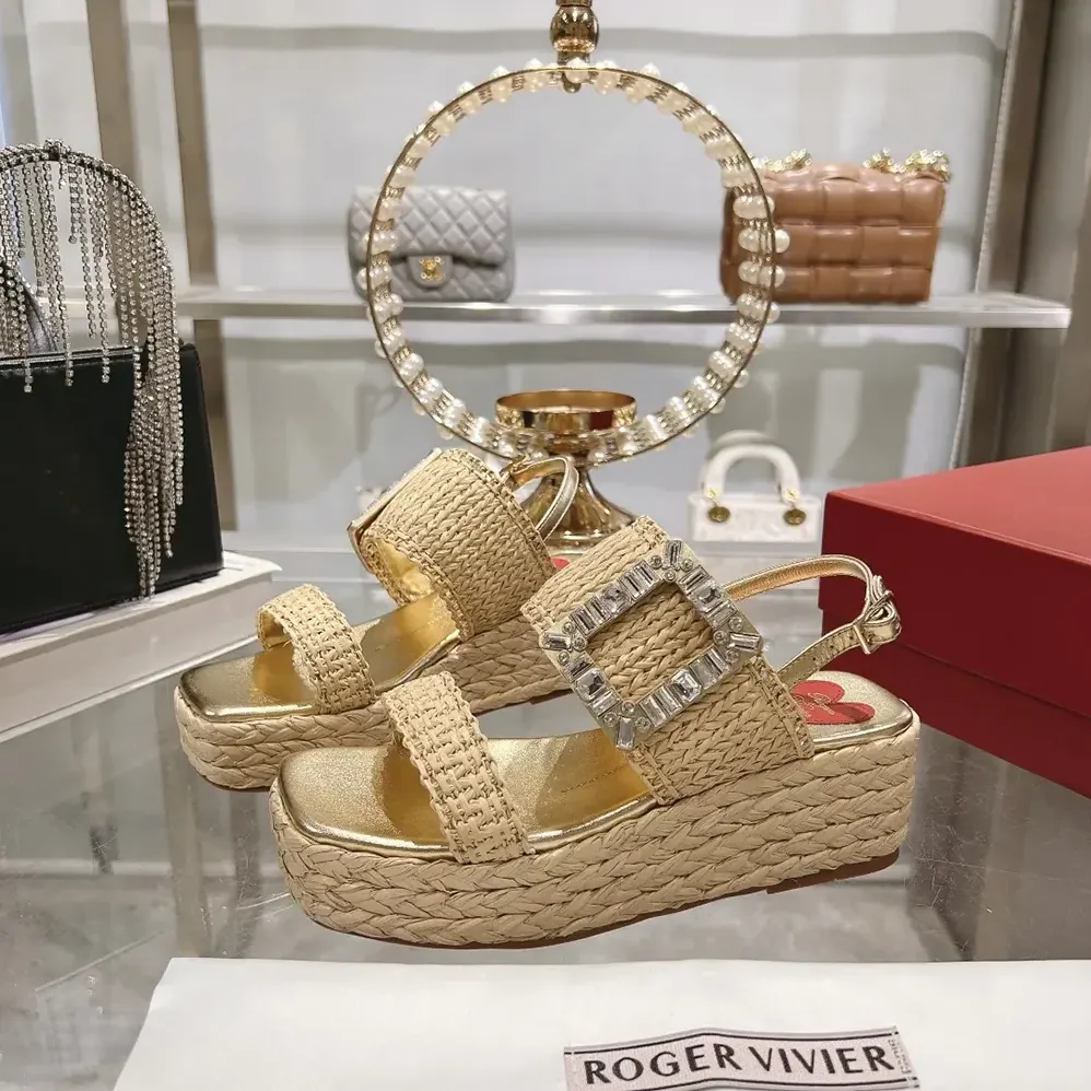 Roger Vivier Strass Buckle Wedge Sandals in Raffia for Women Roger Vivier Strass Buckle Wedge Sandals in Raffia for Women