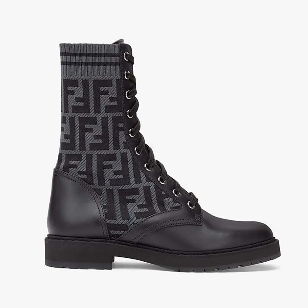 Fendi Rockoko Black Leather Biker Boots with Stretch Fabric for Women