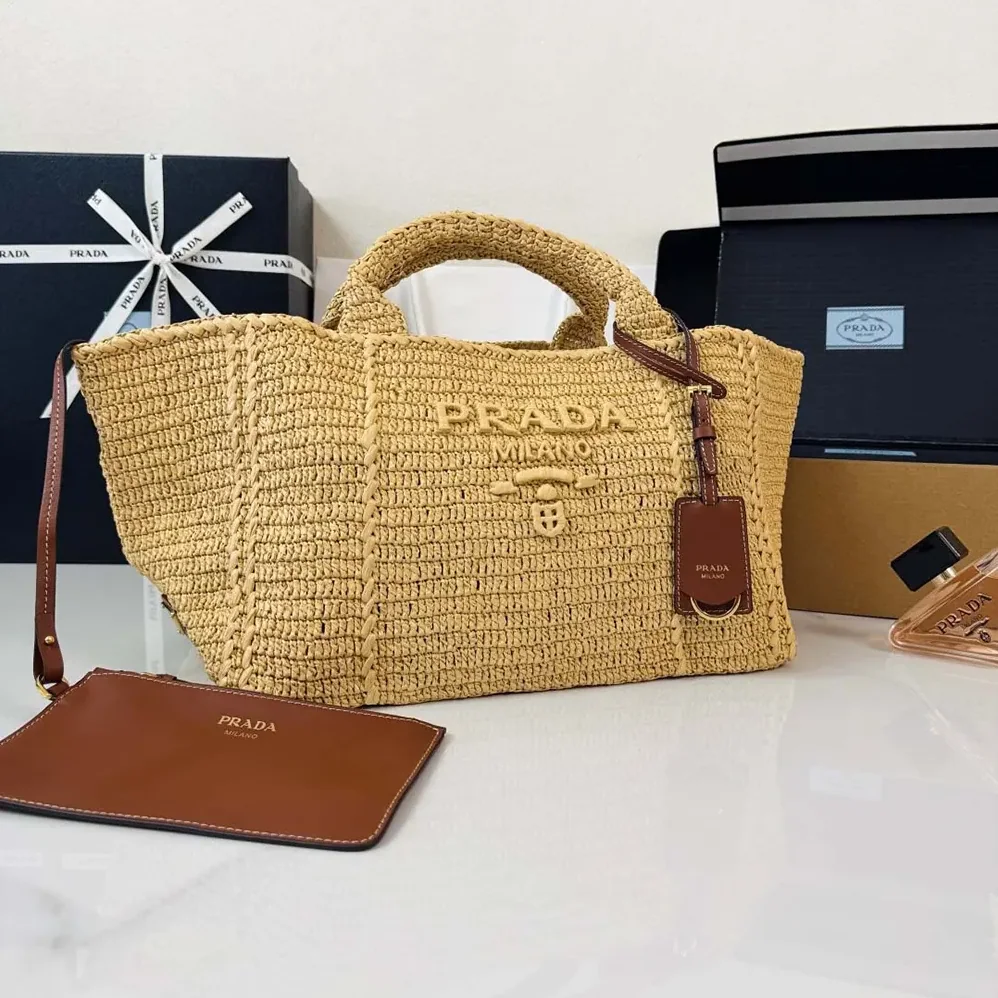 Prada Large Crochet Tote Bag with Leather Details for Women in Natural Prada Large Crochet Tote Bag with Leather Details for Women in Natural