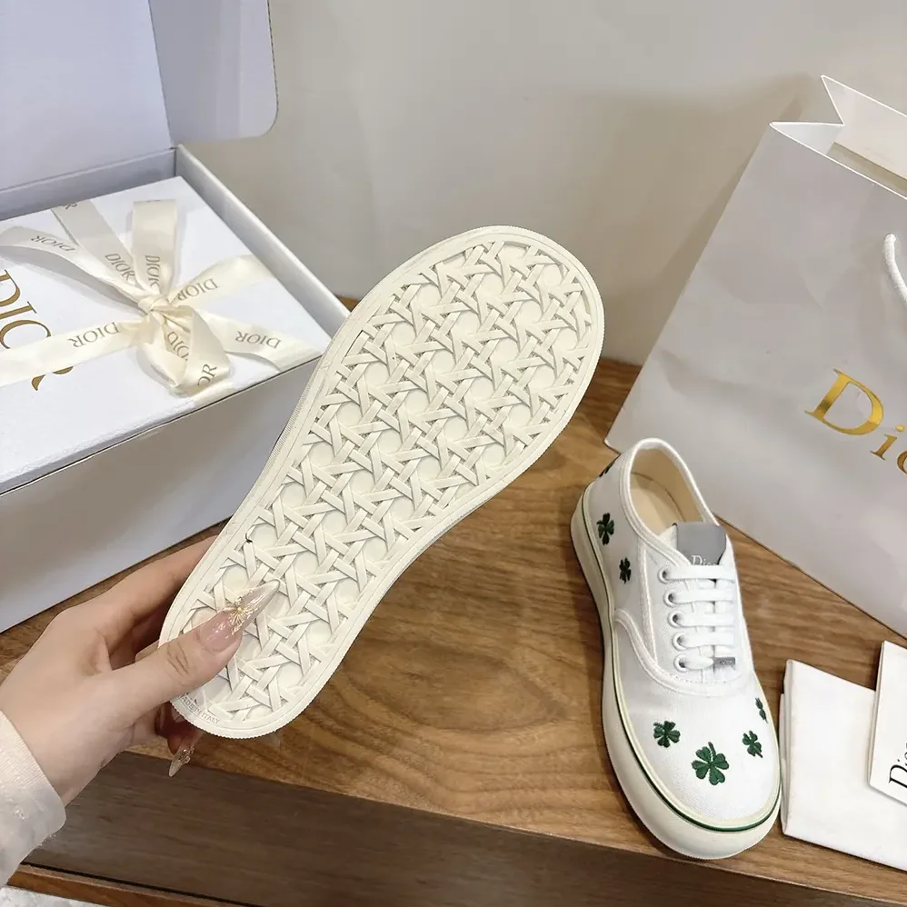 Dior Saltwind Sneaker White Cotton Embroidered with Bright Green Dior Clover Motif for Unisex