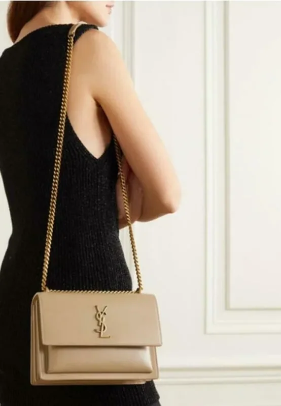 Saint Laurent Sunset Chain Medium Crossbody Bag in Dark Beige Gold Hardware