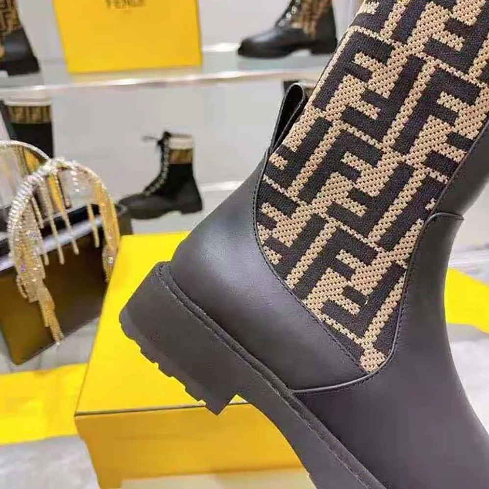 Fendi Rockoko Black Leather Ankle Boots with Stretch Fabric for Women