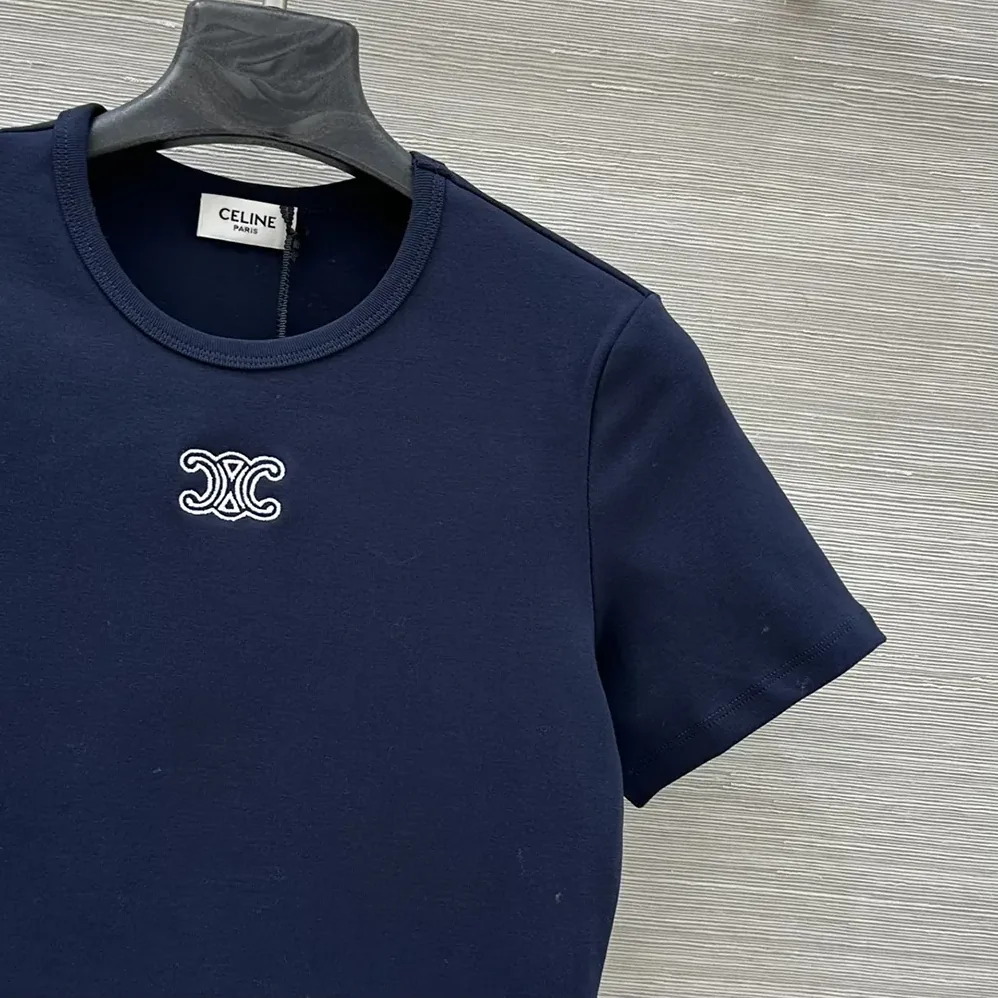 Celine Triomphe T-Shirt In Ribbed Cotton Jersey for Women in Navy