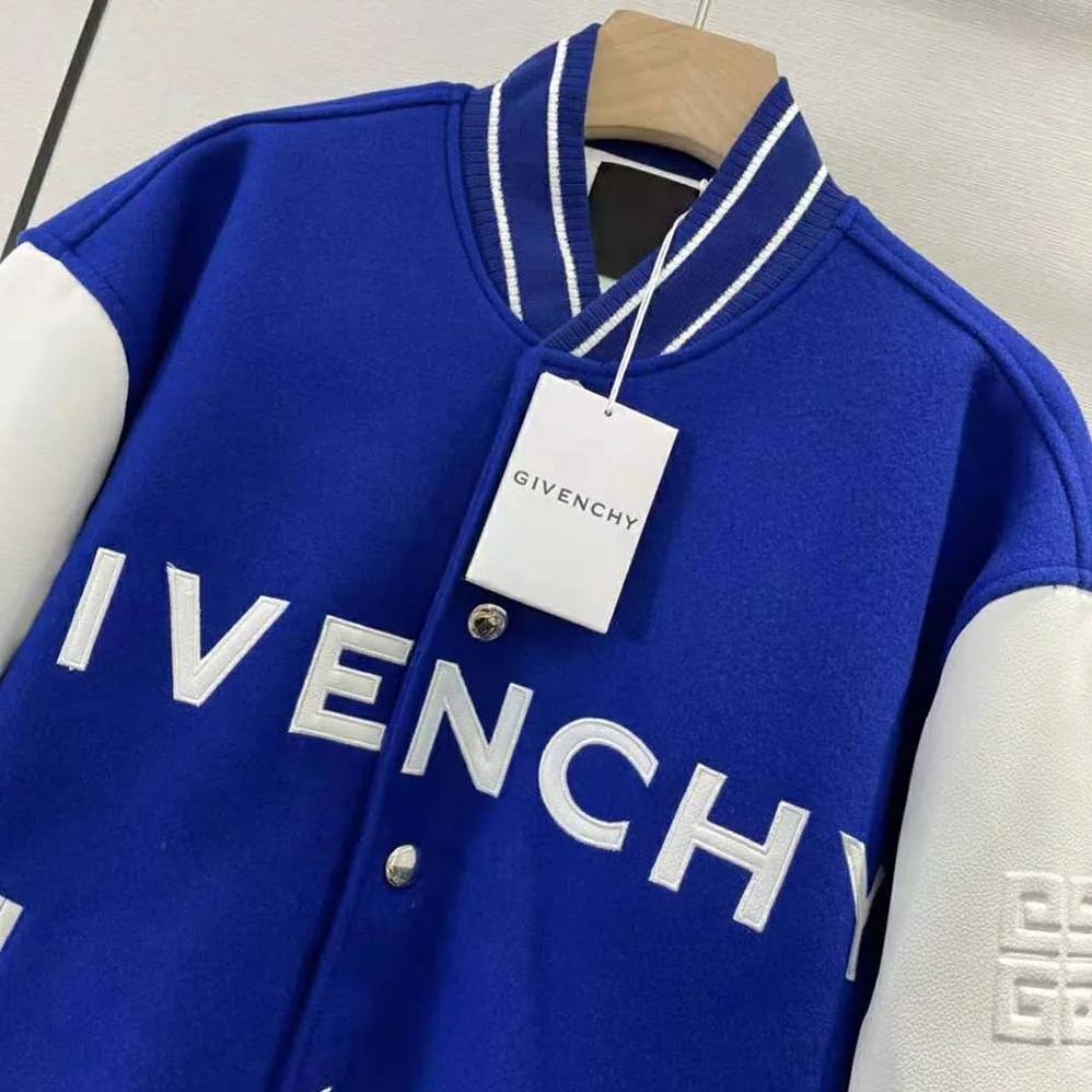 Givenchy Bomber Jacket in Wool and GIVENCHY Leather for Women in White/Blue Givenchy Bomber Jacket in Wool and GIVENCHY Leather for Women in White/Blue