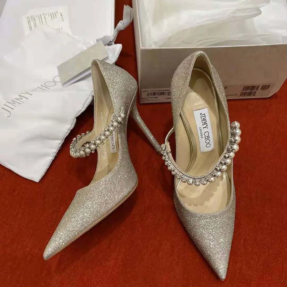 Jimmy Choo Baily 100 Platinum Ice Dusty Glitter Pumps with Crystal and Pearl Strap for Women Jimmy Choo Baily 100 Platinum Ice Dusty Glitter Pumps with Crystal and Pearl Strap for Women