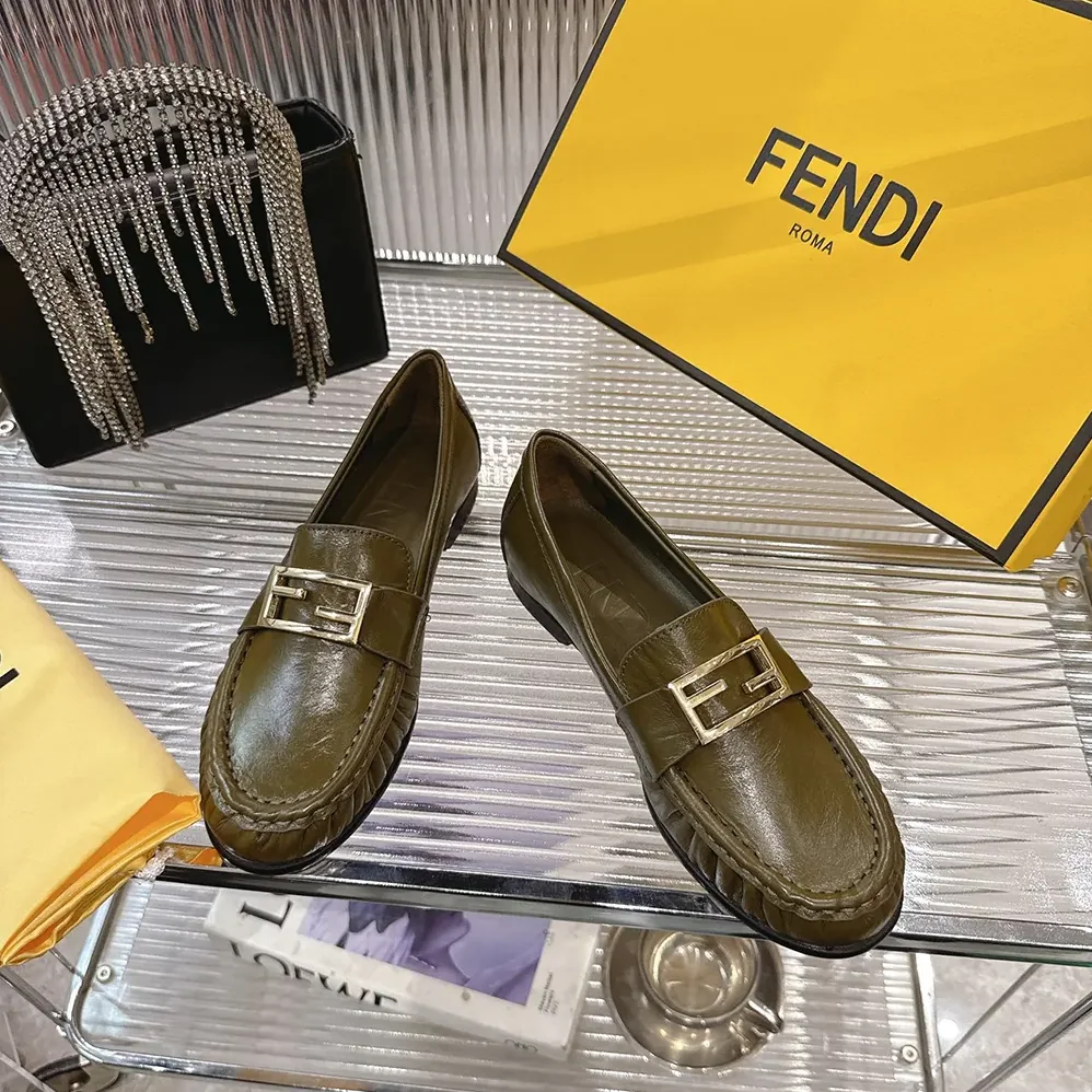 Fendi Baguette Green Nappa Leather Loafers for Women Fendi Baguette Green Nappa Leather Loafers for Women