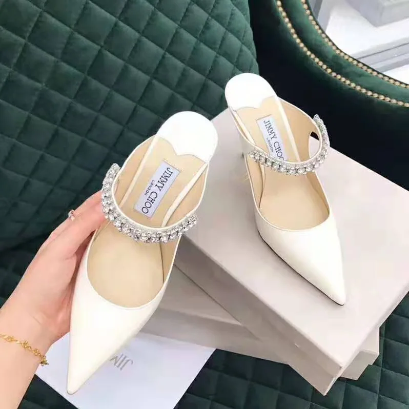 Jimmy Choo Shoes Bing 65 Linen Patent Leather Mules with Crystal Strap for Women Jimmy Choo Shoes Bing 65 Linen Patent Leather Mules with Crystal Strap for Women