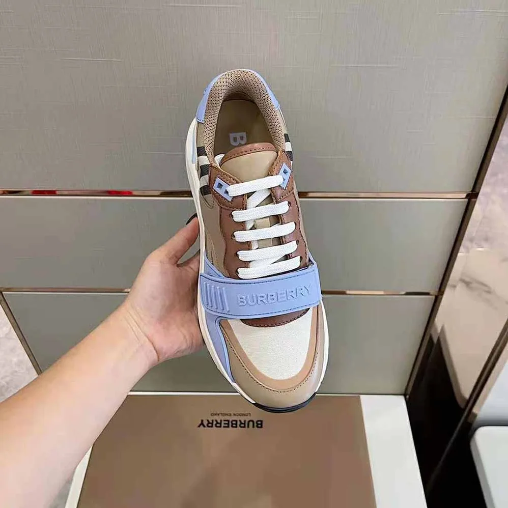 Burberry Check Cotton Canvas and Leather Sneakers for Women in Blue Burberry Check Cotton Canvas and Leather Sneakers for Women in Blue