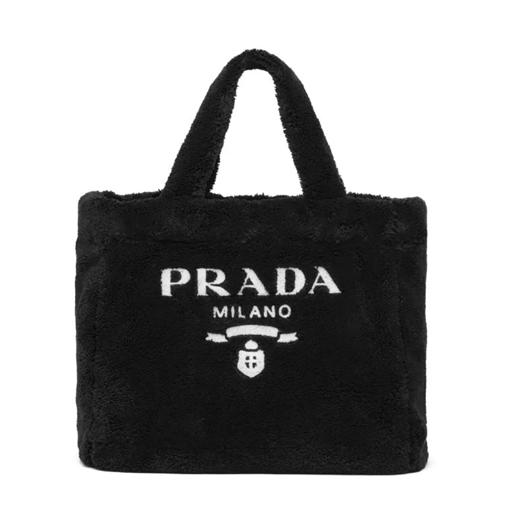 Prada Enameled Metal Triangle Logo Terry Tote Bag for Women in Black Prada Enameled Metal Triangle Logo Terry Tote Bag for Women in Black