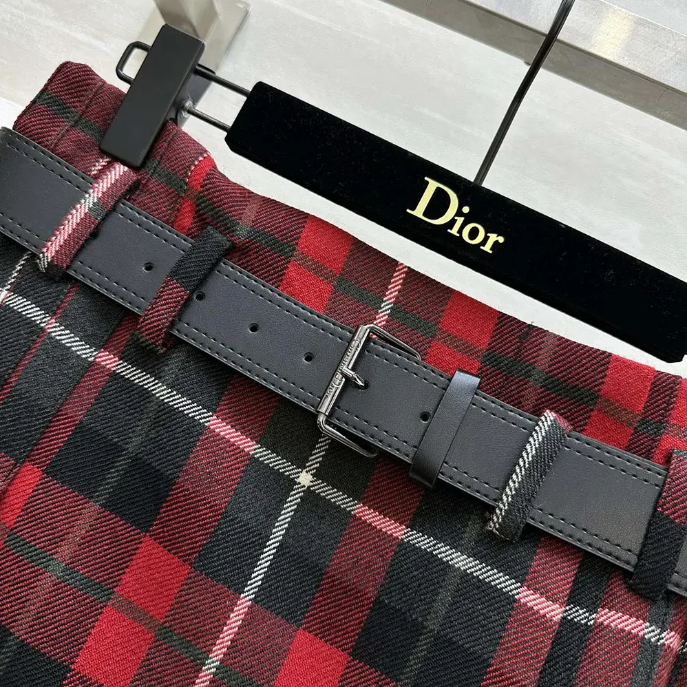 Dior Belted Short Kilt Red Gray and Black Check'n'Dior Virgin Wool for Women