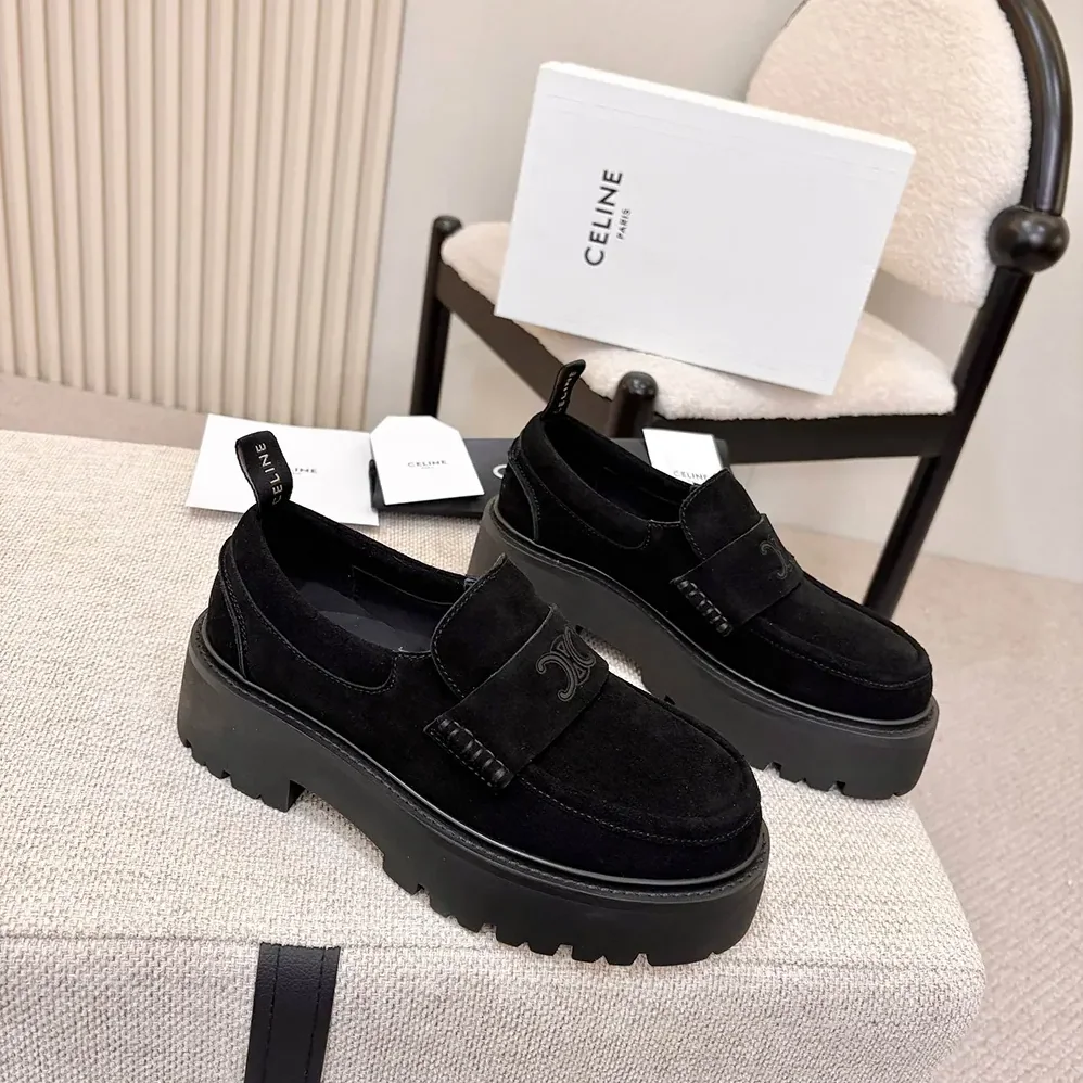 Celine Triomphe Loafers in Suede Calfskin for Women in Black Celine Triomphe Loafers in Suede Calfskin for Women in Black