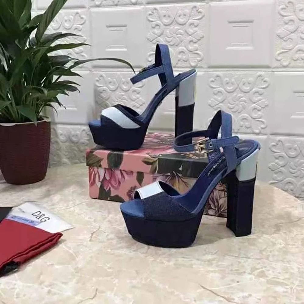 Dolce Gabbana D&G Patchwork Denim Platform Sandals for Women in Navy