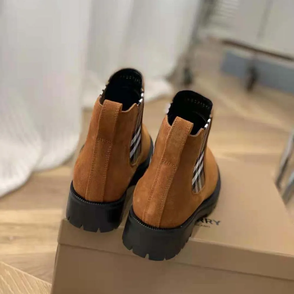 Burberry Vintage Check Detail Suede Chelsea Boots for Women in Brown Burberry Vintage Check Detail Suede Chelsea Boots for Women in Brown