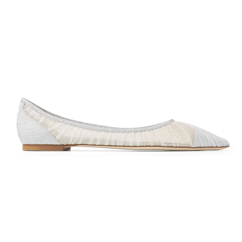 Jimmy Choo Love Flat Metallic Silver Glitter Fabric Flats with Ivory Tulle Overlay for Women Jimmy Choo Love Flat Metallic Silver Glitter Fabric Flats with Ivory Tulle Overlay for Women
