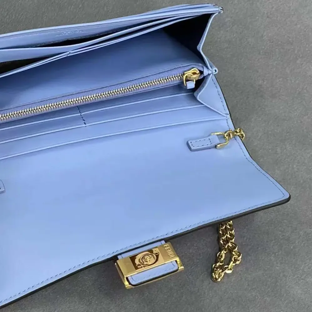 Fendi Baguette Continental Wallet With Chain Blue Nappa Leather Wallet for Women
