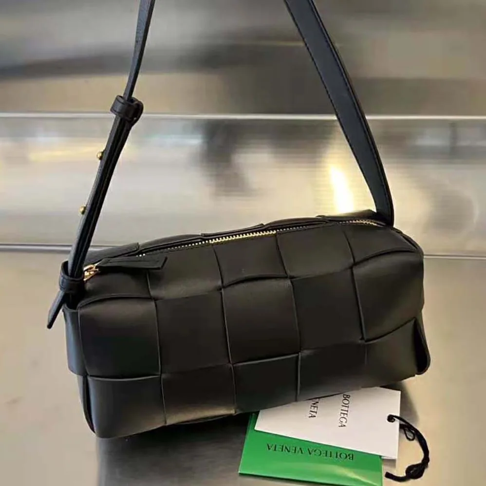Bottega Veneta Small Brick Cassette Intreccio Leather Shoulder Bag for Women in Black