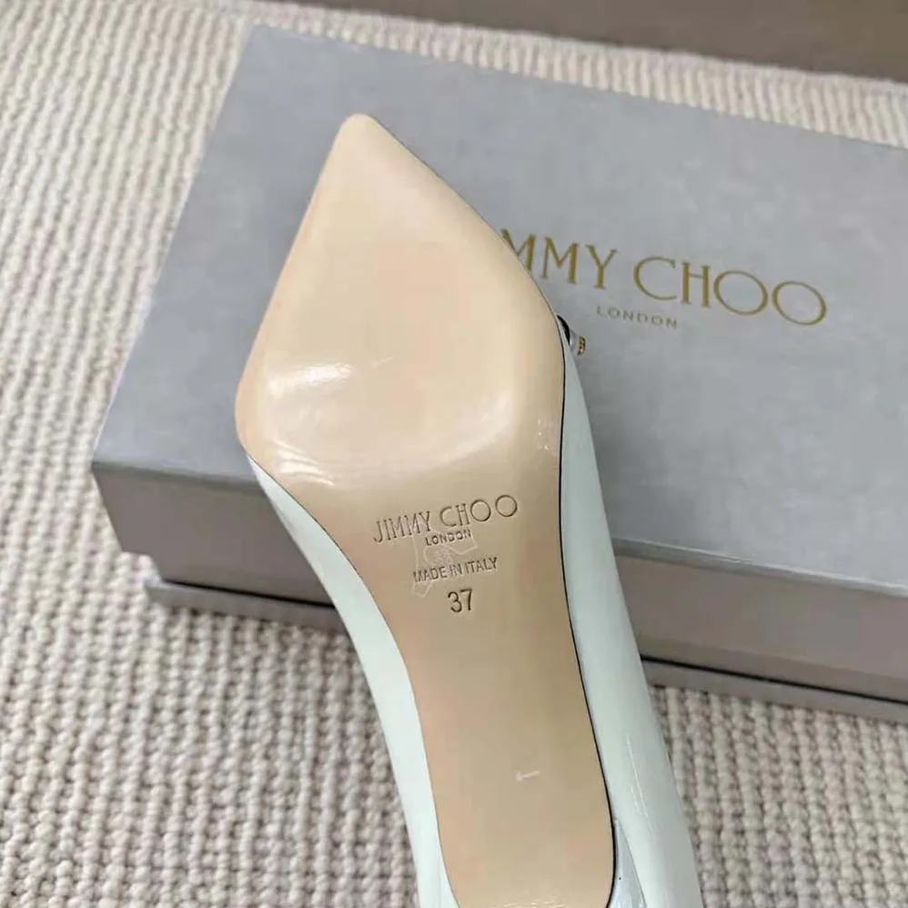 Jimmy Choo Rosalia 65 Latte Patent Pointed Pumps with Pearl Detail for Women
