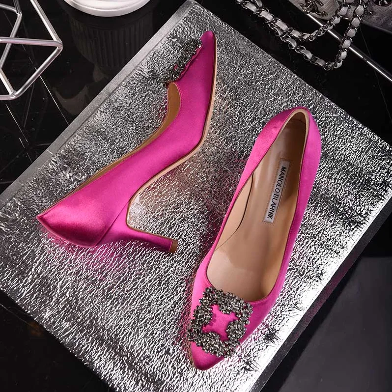Manolo Blahnik Hangisi 70 Satin Jewel Buckled Pumps Shoes Rose for Women