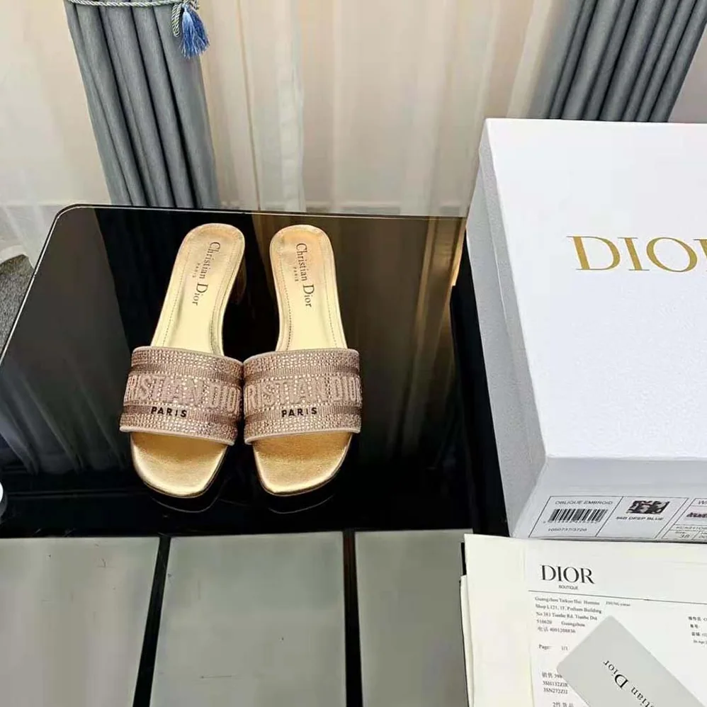 Dior Dway Heeled Slide Gold for Women in Tone Cotton Embroidered Dior Dway Heeled Slide Gold for Women in Tone Cotton Embroidered