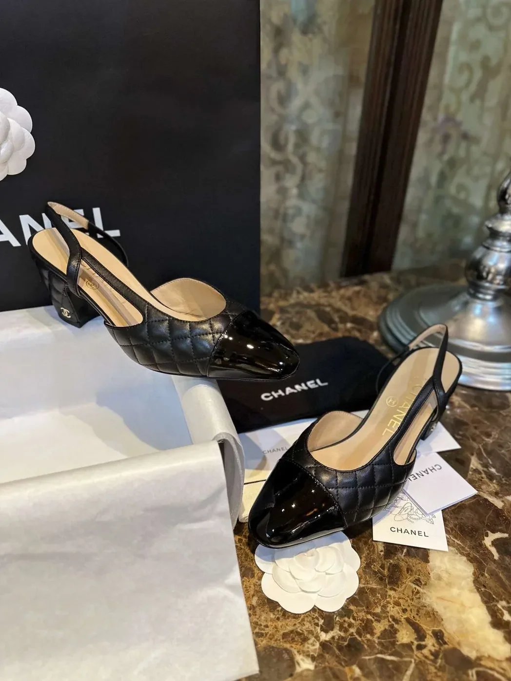 Chanel Patent Slingback Pumps Black Chanel Patent Slingback Pumps Black