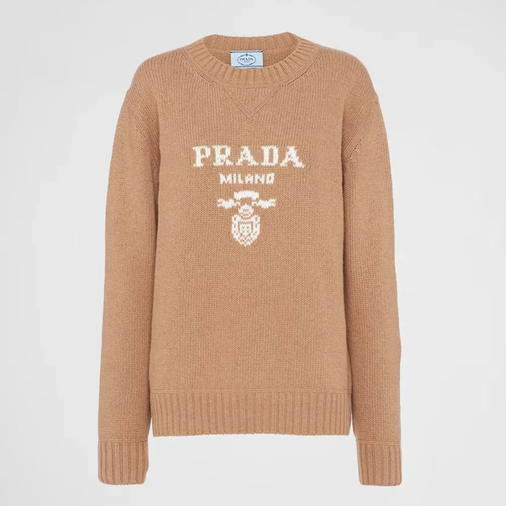 Prada Cashmere And Wool Prada Logo Crew-Neck Sweater for Women in Camel Brown