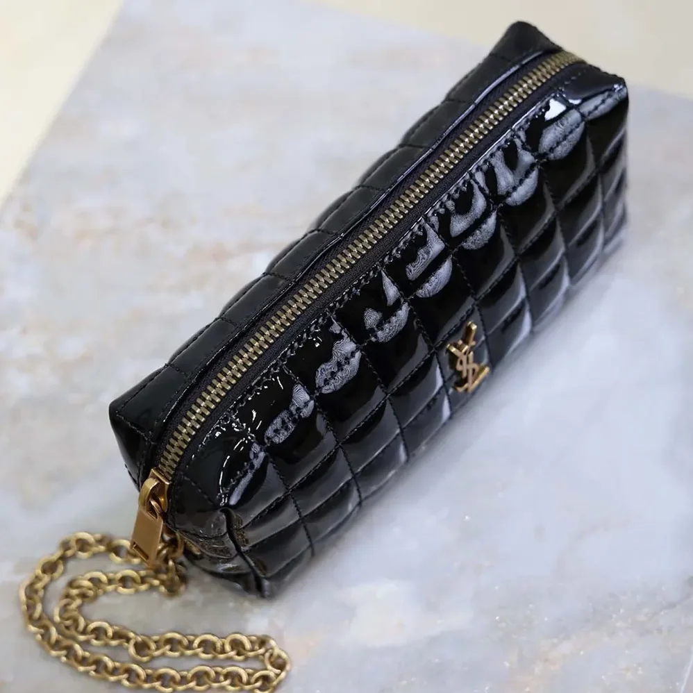 Saint Laurent YSL Cassandre Matelassé Carré Pouch On Chain In Shiny Canvas for Women in Black Saint Laurent YSL Cassandre Matelassé Carré Pouch On Chain In Shiny Canvas for Women in Black