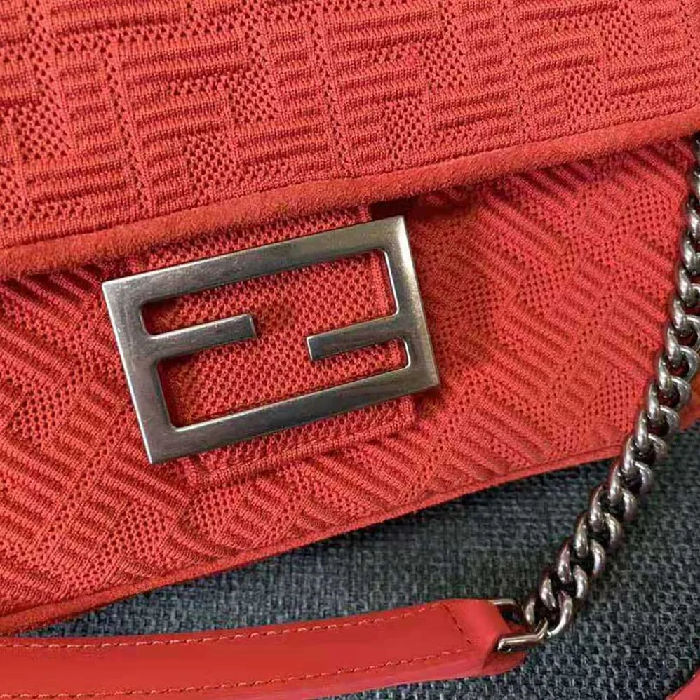 Fendi Midi Baguette Chain FF Fabric Bag for Women in Red