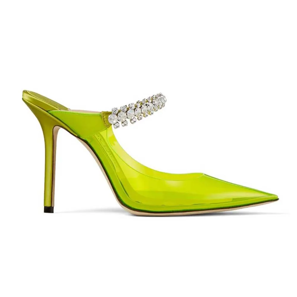 Jimmy Choo Bing 100 Neon Yellow Plexi Mules with Yellow Crystal Strap for Women Jimmy Choo Bing 100 Neon Yellow Plexi Mules with Yellow Crystal Strap for Women