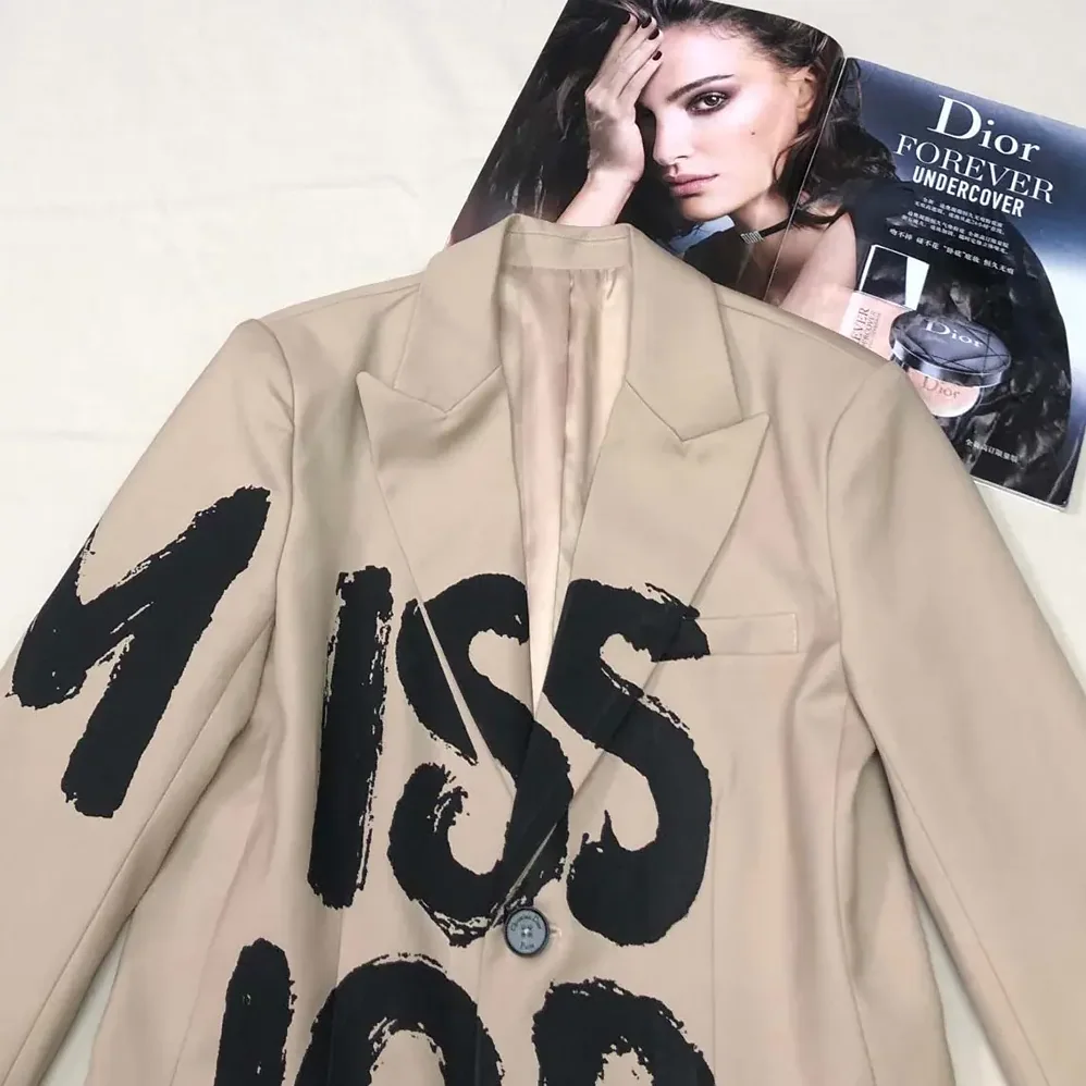 Dior Blazer Beige Virgin Wool and Mohair with Black Miss Dior Graffiti Motif for Women Dior Blazer Beige Virgin Wool and Mohair with Black Miss Dior Graffiti Motif for Women