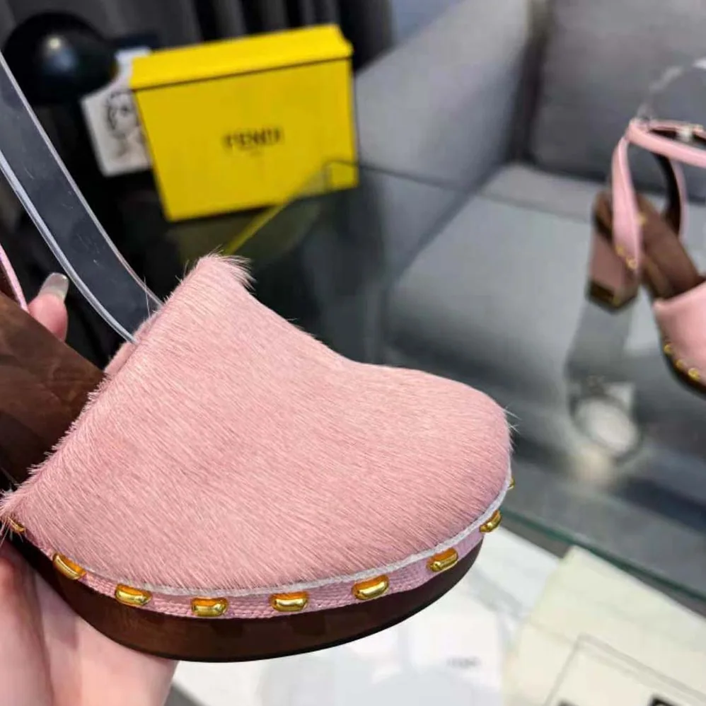 Fendi Baguette Show Pink Pony Hair High for Women in Heeled Clogs Fendi Baguette Show Pink Pony Hair High for Women in Heeled Clogs