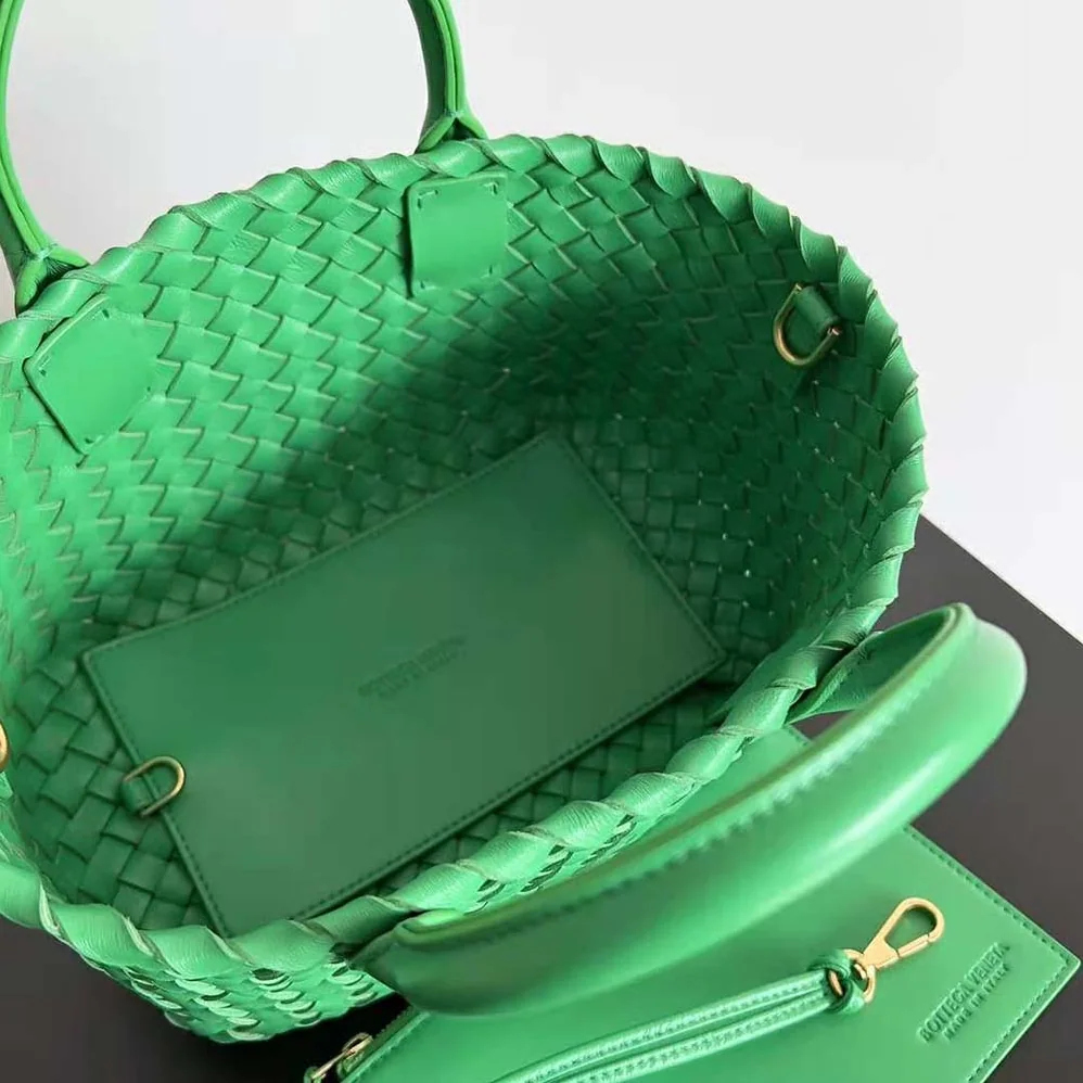 Bottega Veneta Mini Cabat Intreccio Leather Tote Bag with Detachable Strap for Women in Green Bottega Veneta Mini Cabat Intreccio Leather Tote Bag with Detachable Strap for Women in Green
